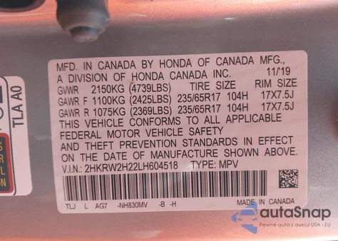 2020 Honda Cr-V Lx z USA, uszkodzony, nr VIN 2HKRW2H22LH604518